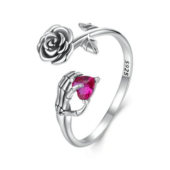 Bague Main Squelette et Rose en Argent 925