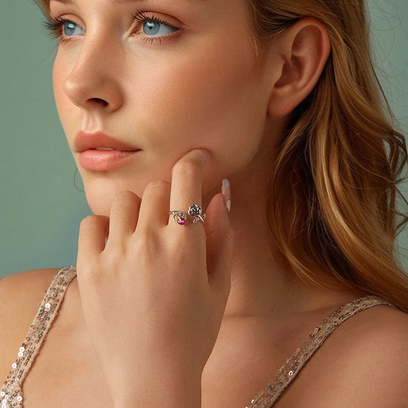 Bague Main Squelette et Rose en Argent 925