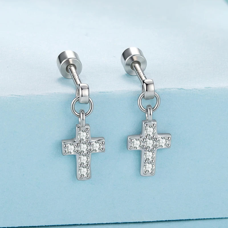Boucles d'Oreilles Puces Traversantes Croix en Argent 925