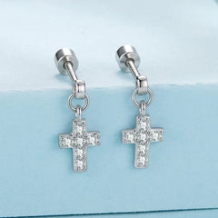 Boucles d'Oreilles Puces Traversantes Croix en Argent 925