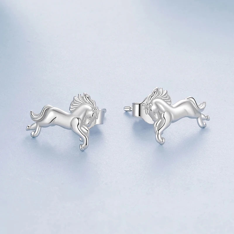 Boucles d'Oreilles Puces Cheval au Galop en Argent 925