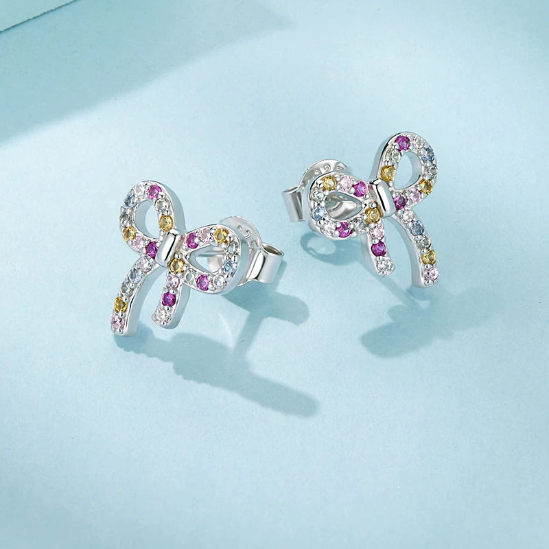 Boucles d'Oreilles Puces Nœud Coloré en Argent 925
