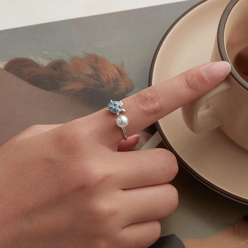 Bague Ajustable Tortue de Mer et Perle Coquillage en Argent 925