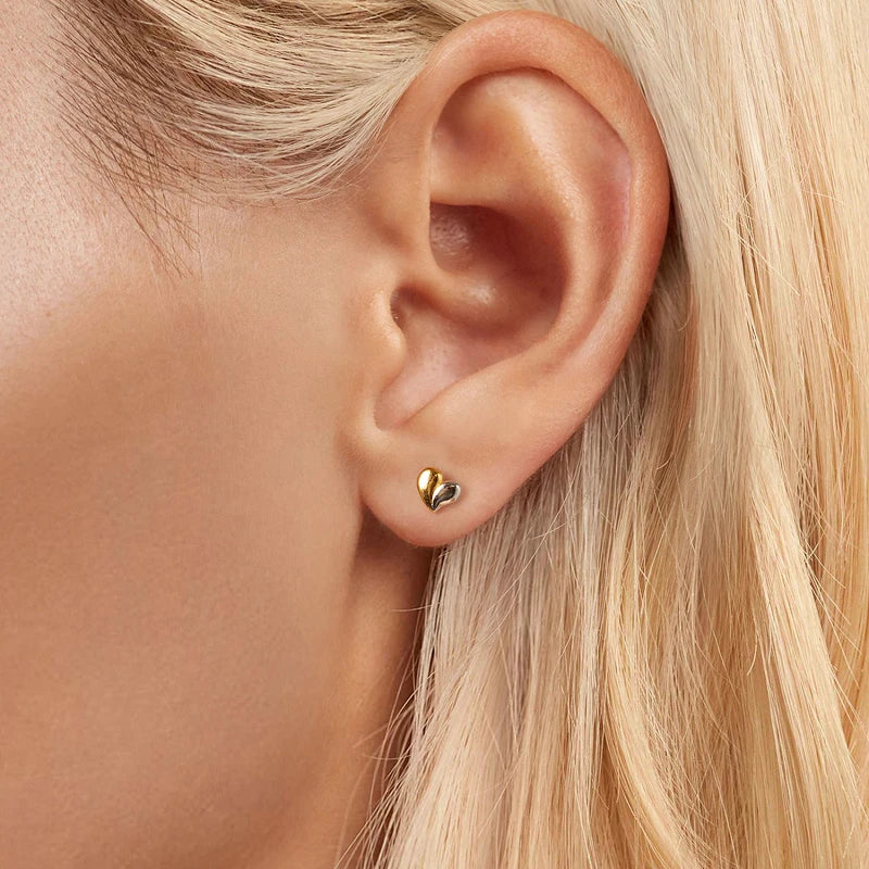 Boucles d'Oreilles Puces Traversantes Cœur Bicolore en Argent 925