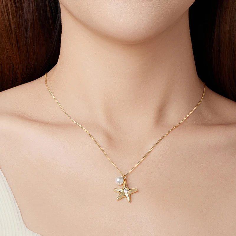 Collier Pendentif Étoile de Mer et Perle en Argent 925
