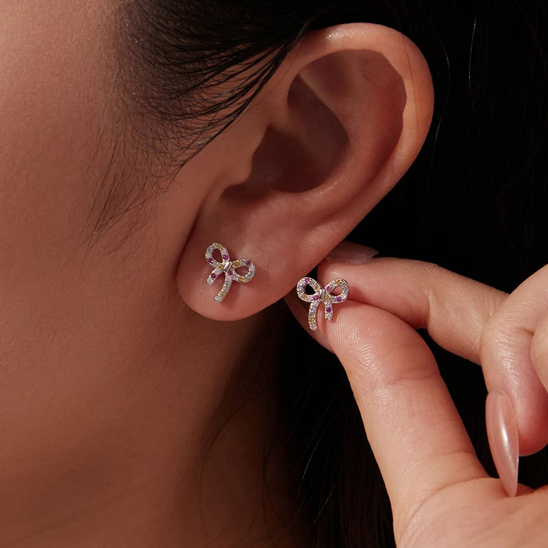 Boucles d'Oreilles Puces Nœud Coloré en Argent 925