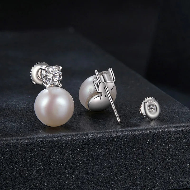 Boucles d'Oreilles Puces Perle Naturelle et Moissanite 0,5ct en Argent 925 avec Certificats