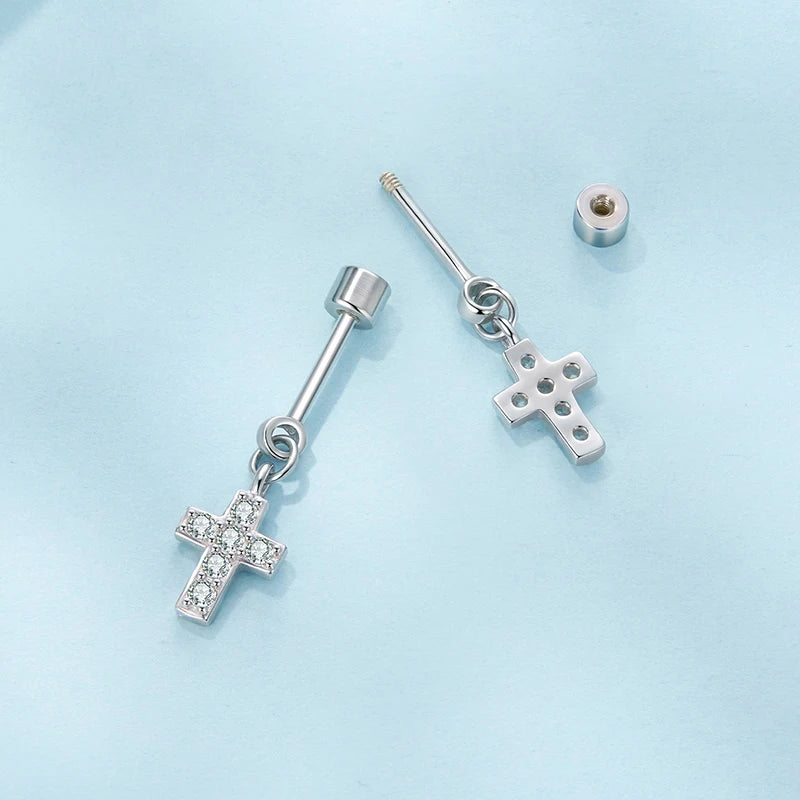 Boucles d'Oreilles Puces Traversantes Croix en Argent 925
