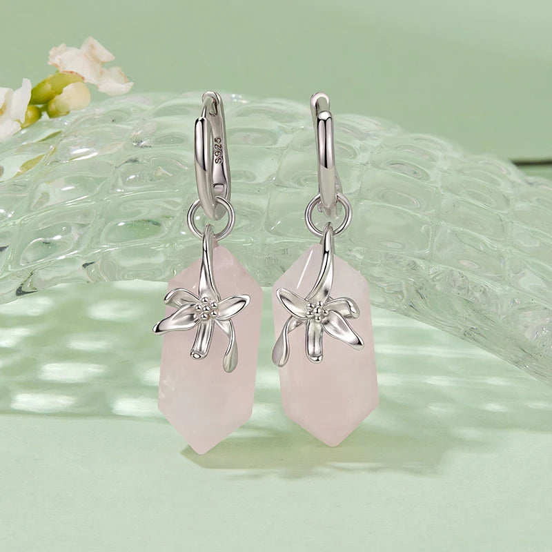 Créoles Fleur Quartz Rose en Argent 925