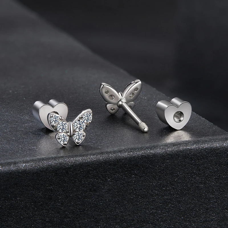 Boucles d'Oreilles Puces Papillon Moissanite en Argent 925 avec Certificat