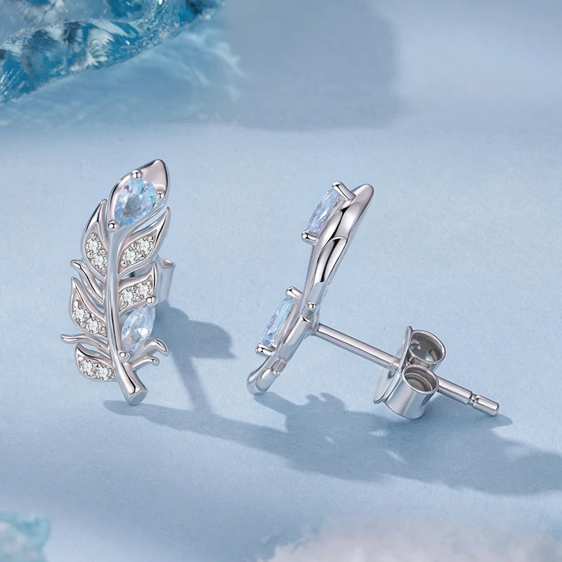 Boucles d'Oreilles Puces Plume de Givre en Argent 925