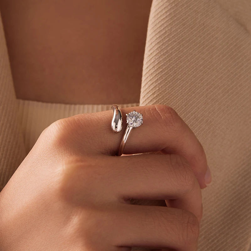 Bague Ajustable Moissanite Tendance en Argent 925 avec Certificat