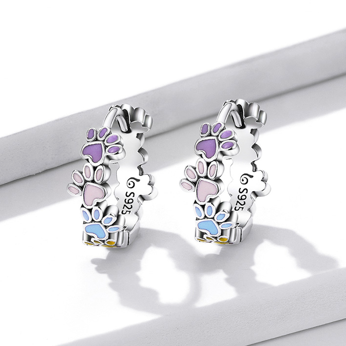 Boucles d’Oreilles Créoles Pattes en argent 925 plaqué or blanc émaillé à la main - Photo 3