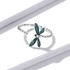 Bague Libellule en argent 925 plaqué or blanc émaillé vert ajustable - Photo 4