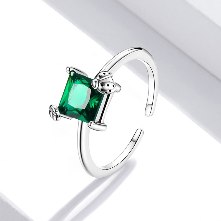Bague Coccinelle en argent 925 plaqué or blanc ajustable avec zircon vert - Photo 5