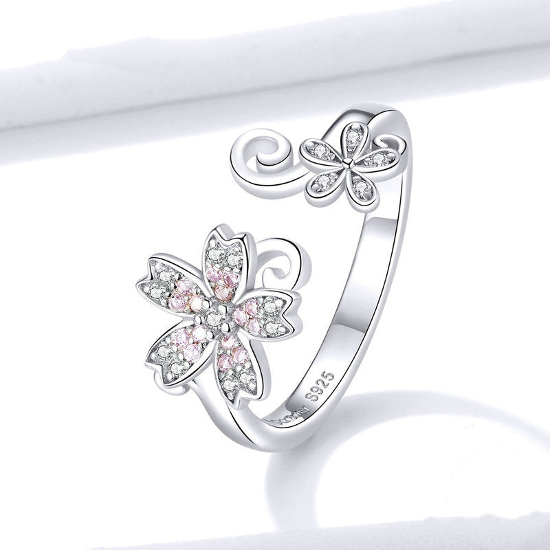 Bague Fleur de Cerisier en argent 925 plaqué or blanc ajustable avec zircons blancs et roses - Photo 3