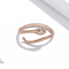 Bague Serpent Cobra Royal en argent 925 plaqué or rose ajustable avec pavé de zircons blancs et verts - Photo 4