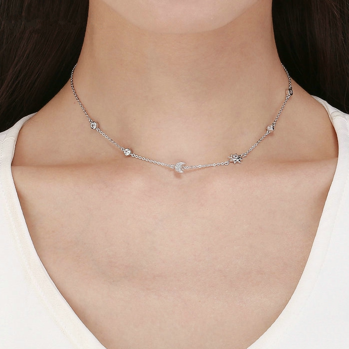 Collier Lune et Étoile en argent 925 plaqué or blanc ajustable avec zircons blancs - Photo 2