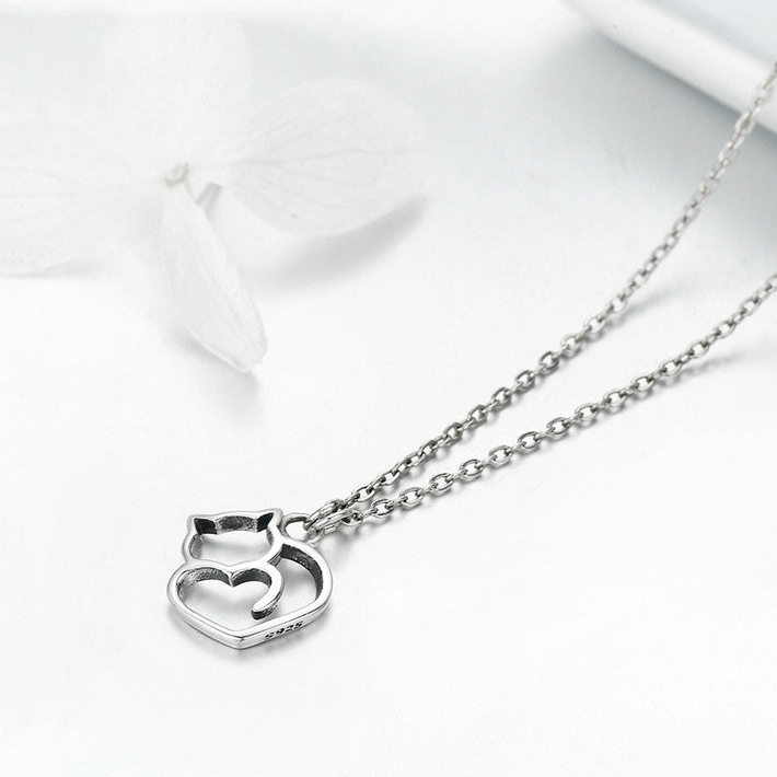 Collier Chat avec Coeur en argent 925 plaqué or blanc - Photo 3