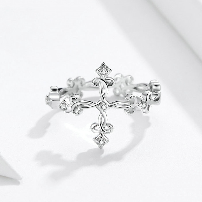 Bague Croix Ancienne en argent 925 plaqué or blanc ajustable avec zircons blancs - Photo 4