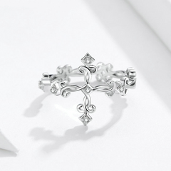 Bague Croix Ancienne en argent 925 plaqué or blanc ajustable avec zircons blancs - Photo 4