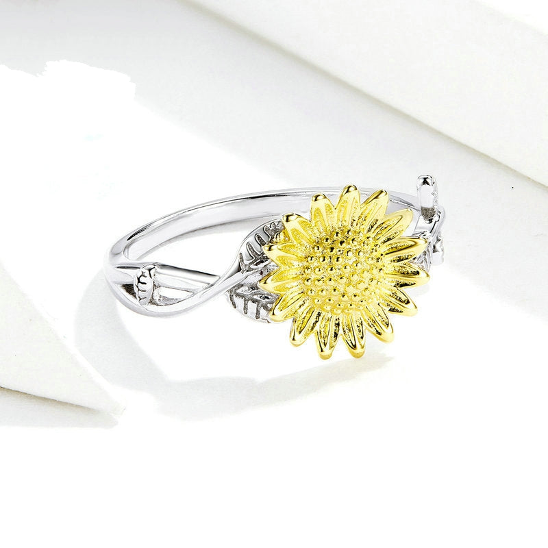 Bague Tournesol en argent 925 plaqué or blanc ajustable avec pétales plaqués or jaune - Photo 5