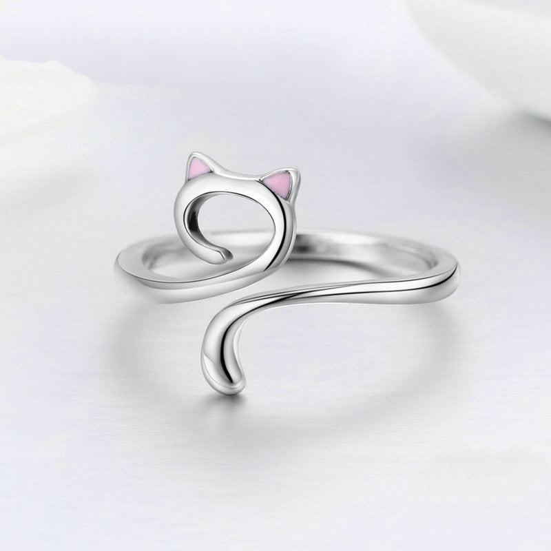 Bague Chat en argent 925 plaqué or blanc ajustable avec oreilles émaillées roses - Photo 3