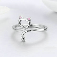 Bague Chat en argent 925 plaqué or blanc ajustable avec oreilles émaillées roses - Photo 3