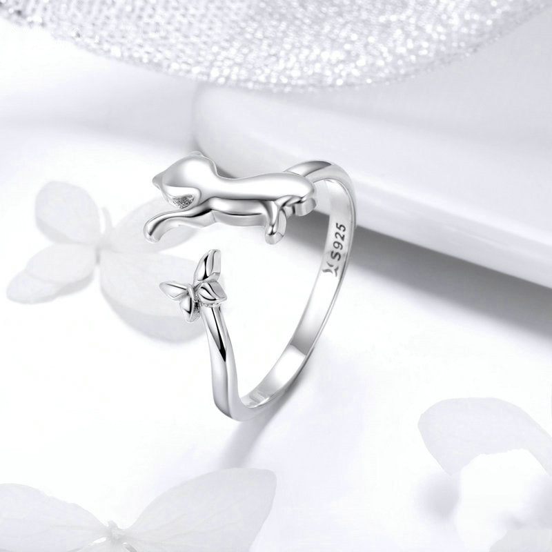 Bague Chat avec Papillon en argent 925 plaqué or blanc ajustable - Photo 3