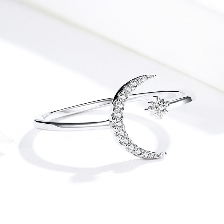 Bague Lune et Étoile Comète en argent 925 plaqué or blanc ajustable avec zircons blancs - Photo 4