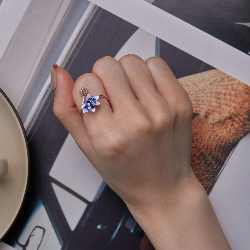 Bague Fleur de Lotus en argent 925 plaqué or blanc ajustable émaillé à la main - Photo 2