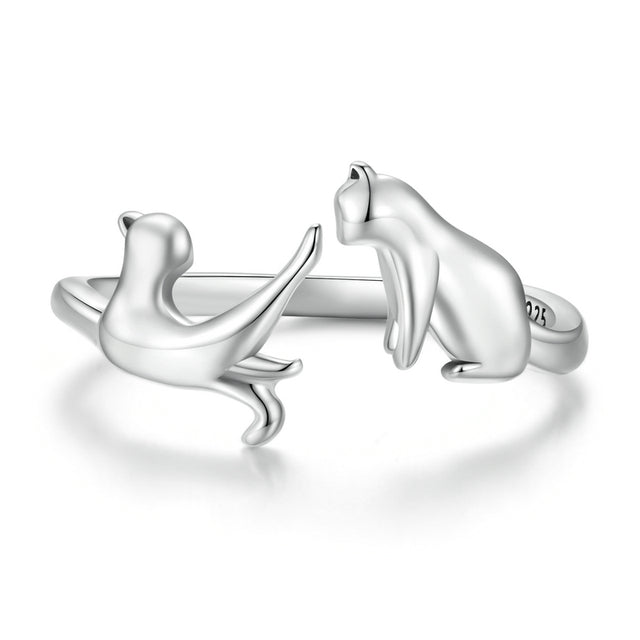 Bague Chats en argent 925 plaqué or blanc ajustable