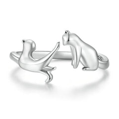 Bague Chats en argent 925 plaqué or blanc ajustable