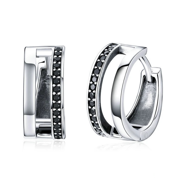 Boucles d’Oreilles Créoles Double en argent 925 plaqué or blanc avec zircons noirs
