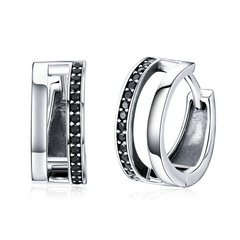 Boucles d’Oreilles Créoles Double en argent 925 plaqué or blanc avec zircons noirs
