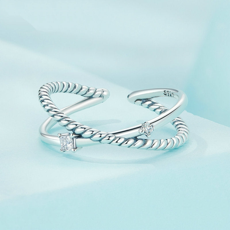 Bague Croisée X en argent 925 plaqué or blanc ajustable avec zircons blancs - Photo 4