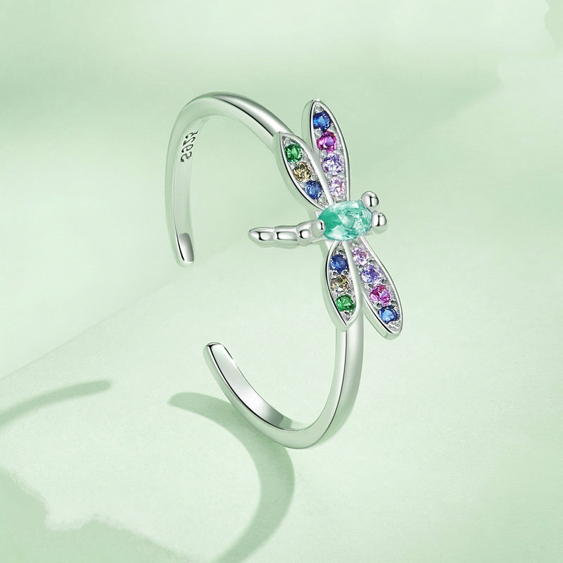 Bague Libellule en argent 925 plaqué or blanc ajustable avec zircons colorés - Photo 4