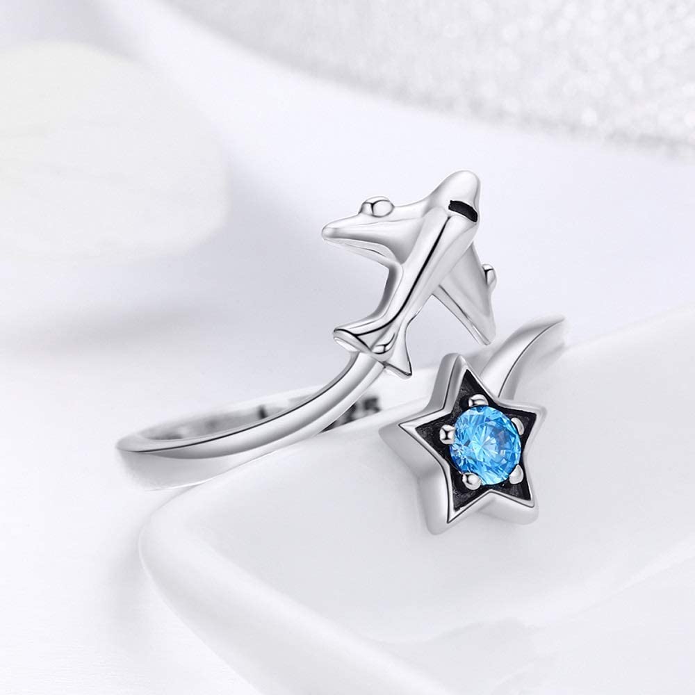 Bague Avion et Étoile en argent 925 plaqué or blanc ajustable avec zircon bleu - Photo 4
