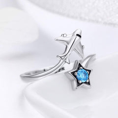 Bague Avion et Étoile en argent 925 plaqué or blanc ajustable avec zircon bleu - Photo 4