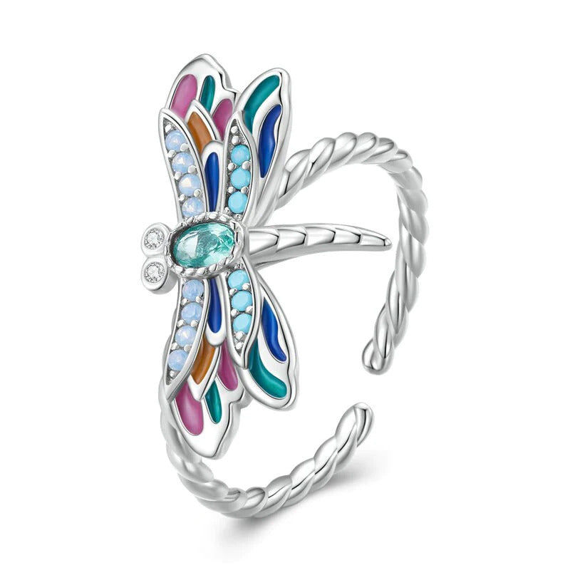 Bague Libellule en argent 925 plaqué or blanc ajustable émaillé à la main avec zircons colorés