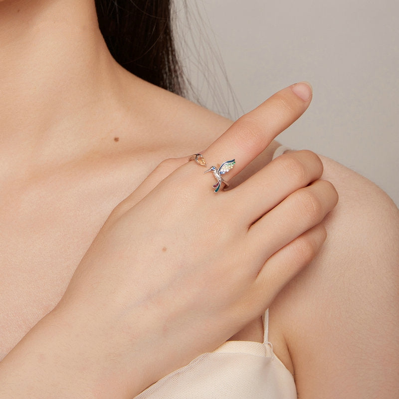 Bague Colibri en argent 925 plaqué or blanc ajustable avec zircons colorés - Photo 2