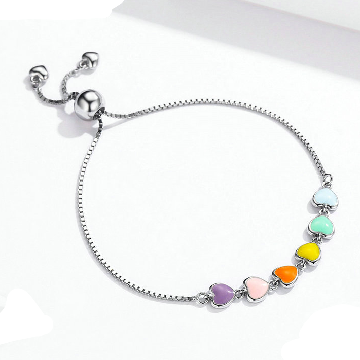 Bracelet Coeurs Colorés en argent 925 plaqué or blanc ajustable avec coeurs émaillés multicolores - Photo 3