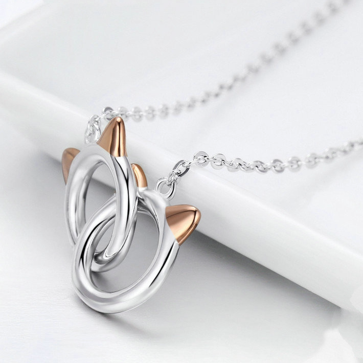 Collier Deux Chats en argent 925 plaqué or blanc et or rose ajustable - Photo 3