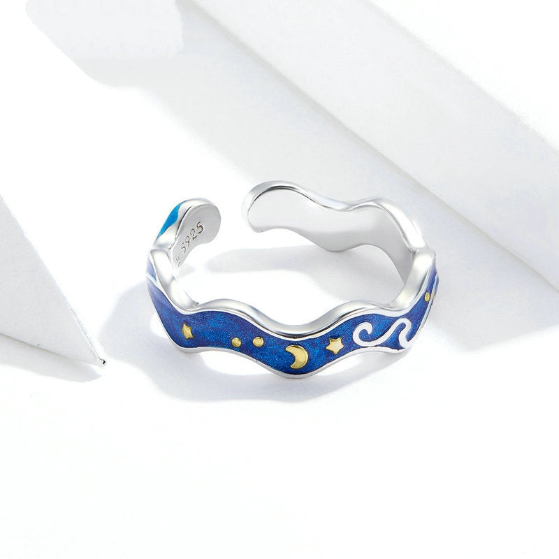 Bague Ciel Étoilé en argent 925 plaqué or blanc ajustable émaillées bleu et or - Photo 4