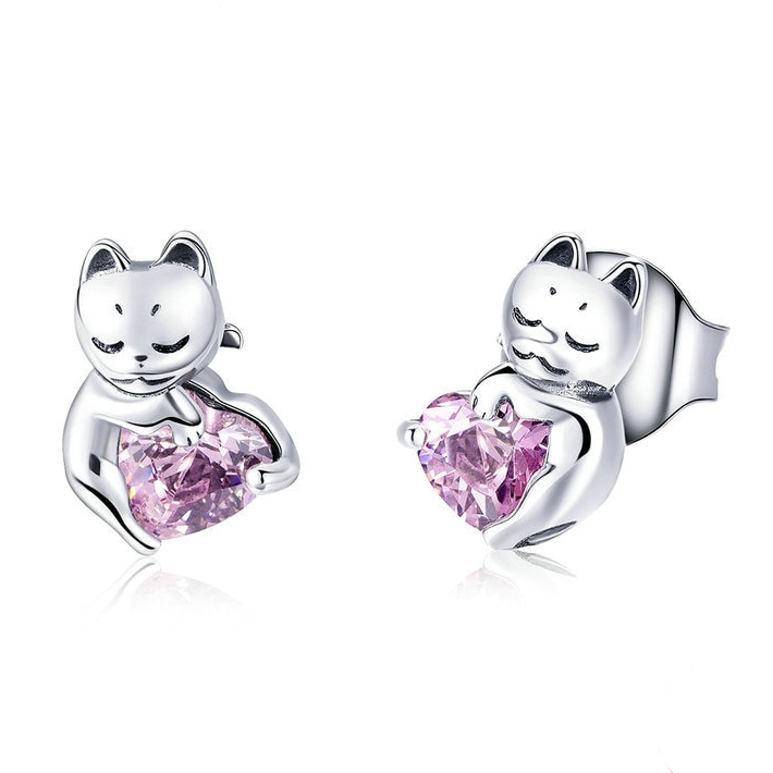Boucles d'Oreilles Chat avec Coeurs