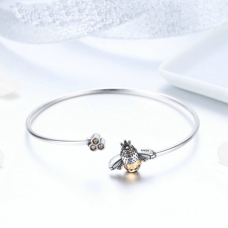 Bracelet Reine des Abeilles en argent 925 plaqué or blanc jonc rigide ouvert avec zircons bruns - Photo 3