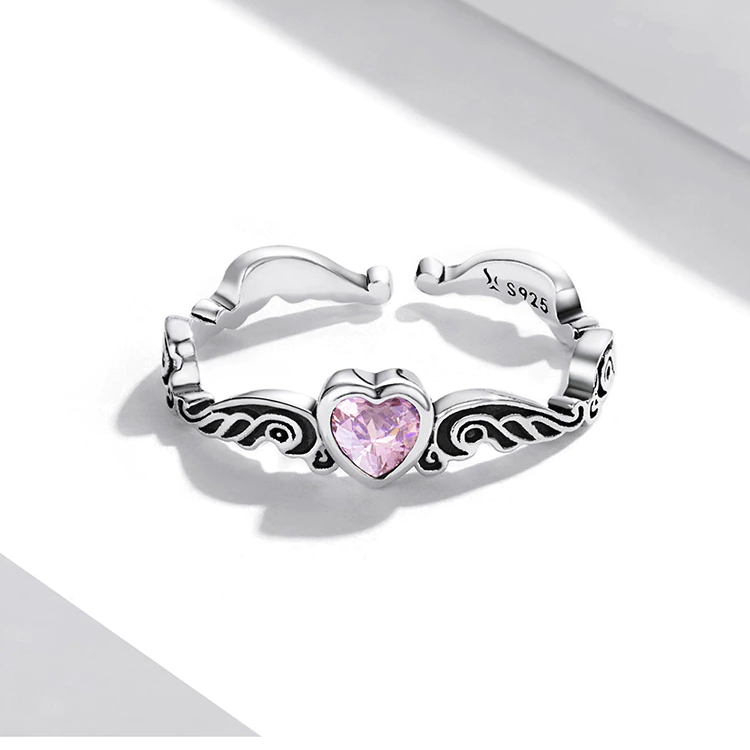 Bague Coeur Rose en argent 925 plaqué or blanc ajustable avec zircon rose - Photo 3