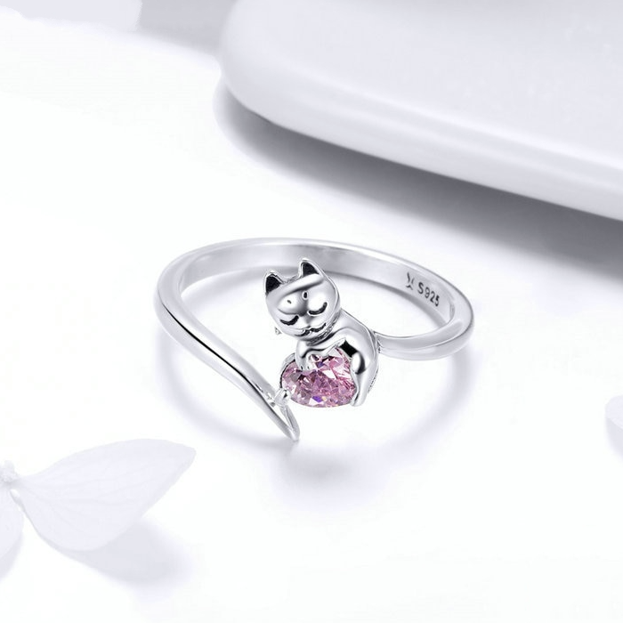 Bague Chat avec Coeur en argent 925 plaqué or blanc ajustable avec zircon rose - Photo 4
