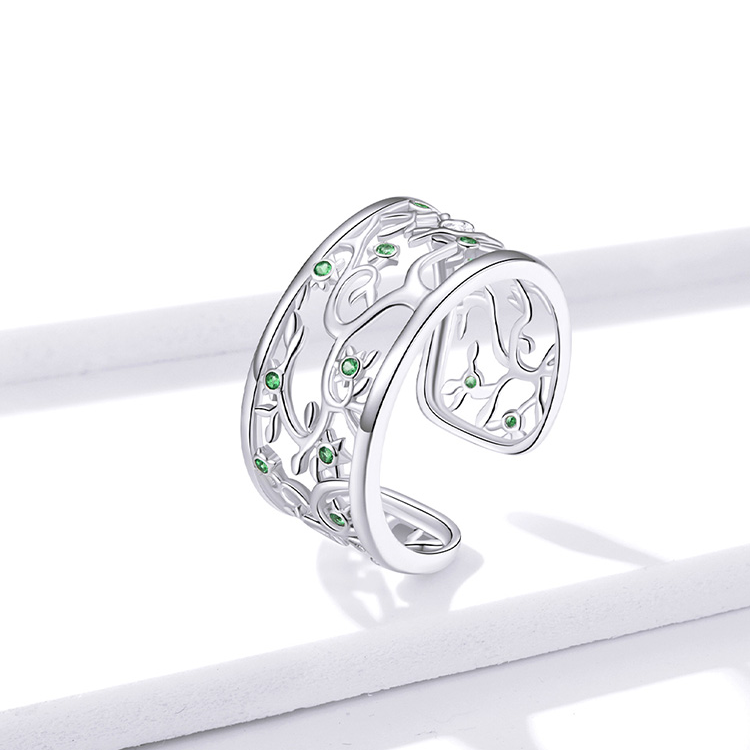 Bague Arbre de la Vie en argent 925 plaqué or blanc ajustable avec zircons verts - Photo 3