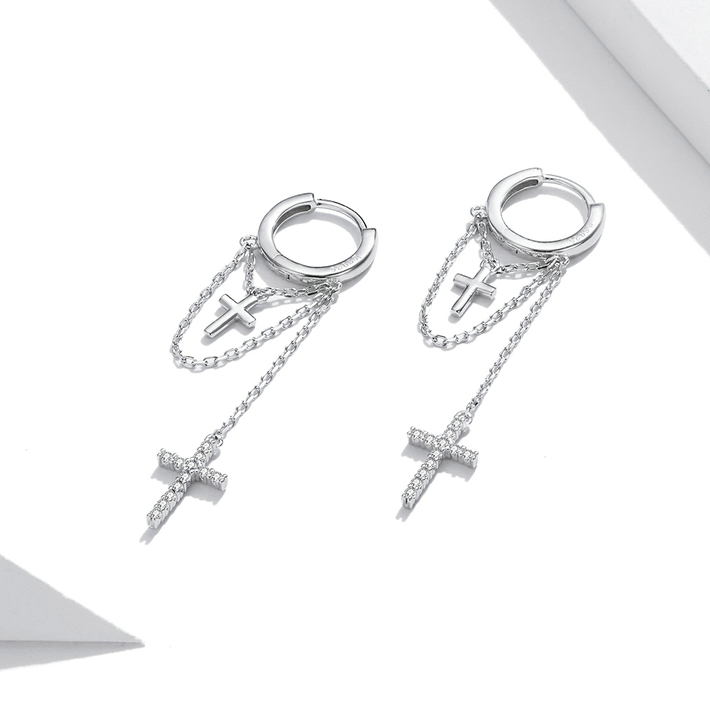 Boucles d'Oreilles Créoles Pendentif Croix - Image 3